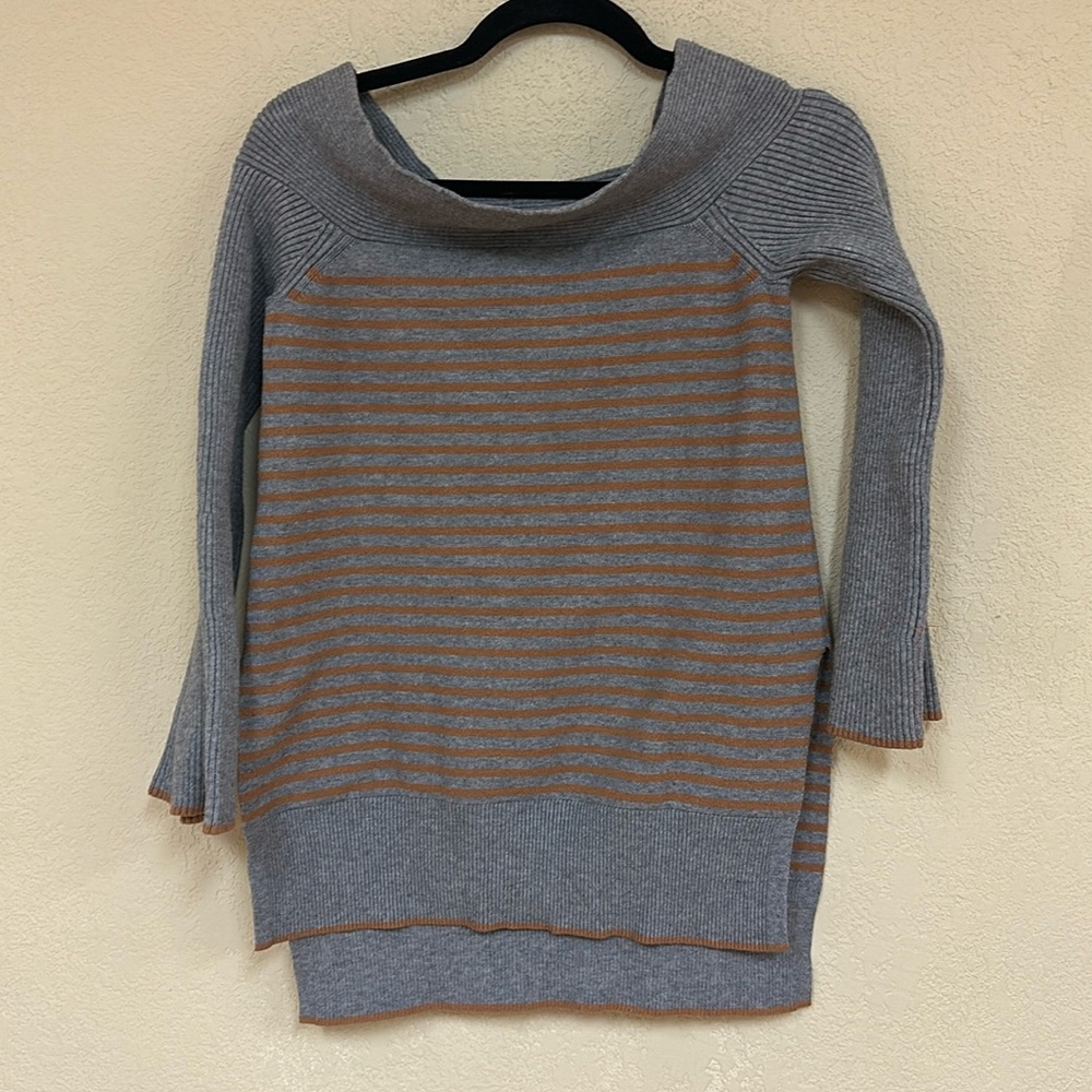 Anthropologie Gray and Brown Off-the-Shoulder Sweater